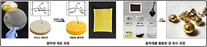 [대전=뉴시스] 고려대 이정현 교수팀이 개발한 친환경 흡착제의 제조과정 및 이를 활용한 금 회수 과정.(사진=이정현 교수팀 제공) *재판매 및 DB 금지