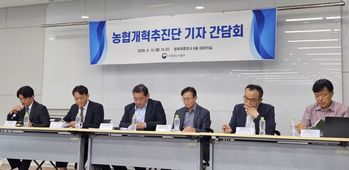 [세종=뉴시스] (왼쪽부터) 김세진 농림축산식품부 농업금융정책과장, 윤원습 농식품부 농업정책관, 원승연 농협개혁추진단 공동단장, 정경호 농협개혁추진단 경제사업활성화 분과 간사, 김기태 농협개혁추진단 농업지배구조분과 간사, 하승수 농협개혁추진단 조합·조합원제도 분과 간사가 15일 정부세종청사 6동 대회의실에서 '농협개혁추진단 기자간담회'에 참석해 질의응답에 응하고 있다. (사진=임소현 기자) *재판매 및 DB 금지