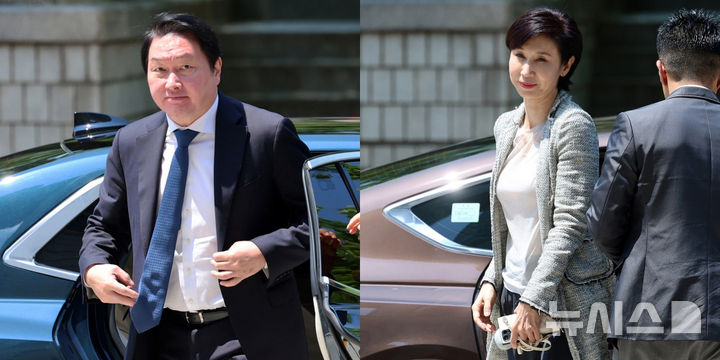 [서울=뉴시스] 조성우 기자 = 최태원(왼쪽) SK그룹 회장과 노소영 아트센터 나비 관장이 15일 서울 서초구 서울고등법원에서 열린 재산 분할 파기환송심 2차 조정 기일에 출석하고 있다. 2026.06.15. xconfind@newsis.com