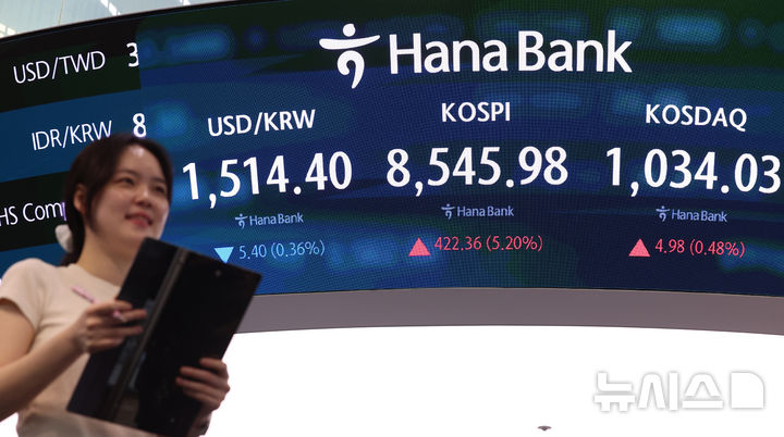 [서울=뉴시스] 이영환 기자 = 코스피가 전 거래일(8123.62)보다 422.36포인트(5.20%) 오른 8545.98에 마감한 15일 오후 서울 중구 하나은행 딜링룸 전광판에 종가가 표시되어 있다. 2026.06.15. 20hwan@newsis.com