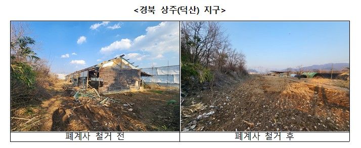 [세종=뉴시스] 경북 상주(덕산) 지구 폐계사 철거 전후. (사진=농림축산식품부 제공) *재판매 및 DB 금지