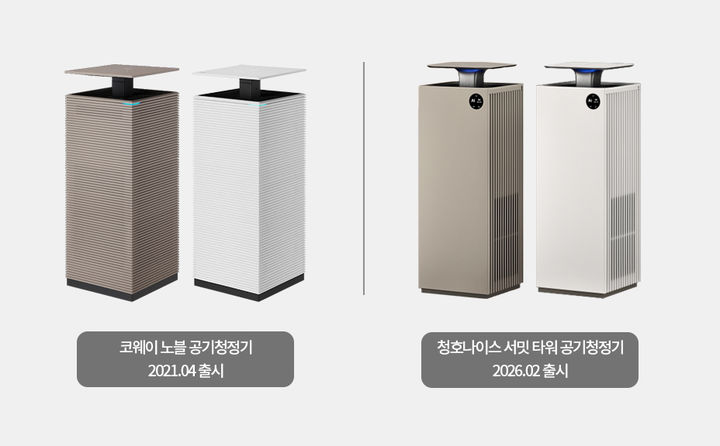 [서울=뉴시스]코웨이 노블 공기청정기(왼쪽)와 청호나이스 서밋타워 공기청정기.(사진=코웨이 제공) 2026.0616. photo@newsis.com *재판매 및 DB 금지