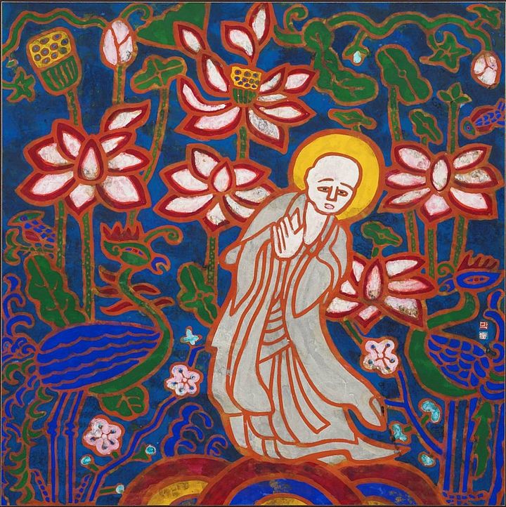 박생광, 스님과 연못, 1980년대, 종이에 수묵채색, 67.5x67.5 cm *재판매 및 DB 금지