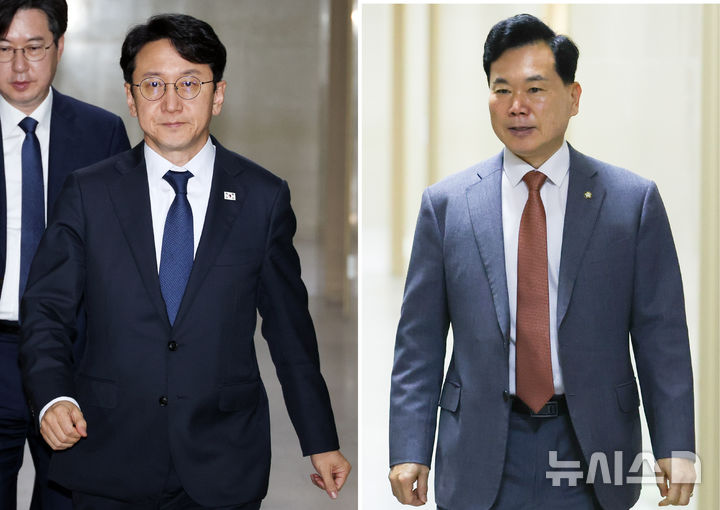 [서울=뉴시스] 최진석·김근수 기자 = 천준호(왼쪽) 더불어민주당 원내운영수석부대표와 김승수 국민의힘 원내운영수석부대표가 16일 여의도 국회 운영위원장실에서 열린 여야 원내운영수석부대표 회동에 각각 참석하고 있다. 2026.06.16. myjs@newsis.com