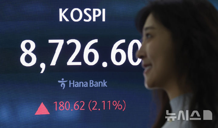 [서울=뉴시스] 김혜진 기자 = 코스피가 전 거래일(8545.98)보다 180.62포인트(2.11%) 오른 8726.60에 마감한 16일 오후 서울 중구 하나은행 딜링룸 전광판에 지수가 표시 되고 있다. 코스닥 지수는 전 거래일(1034.03)보다 15.35포인트(1.48%) 내린 1018.68에 거래를 마쳤다. 원·달러 환율은 전 거래일(1511.1원)보다 0.5원 오른 1511.6원에 주간 거래를 마감했다. 2026.06.16. jini@newsis.com