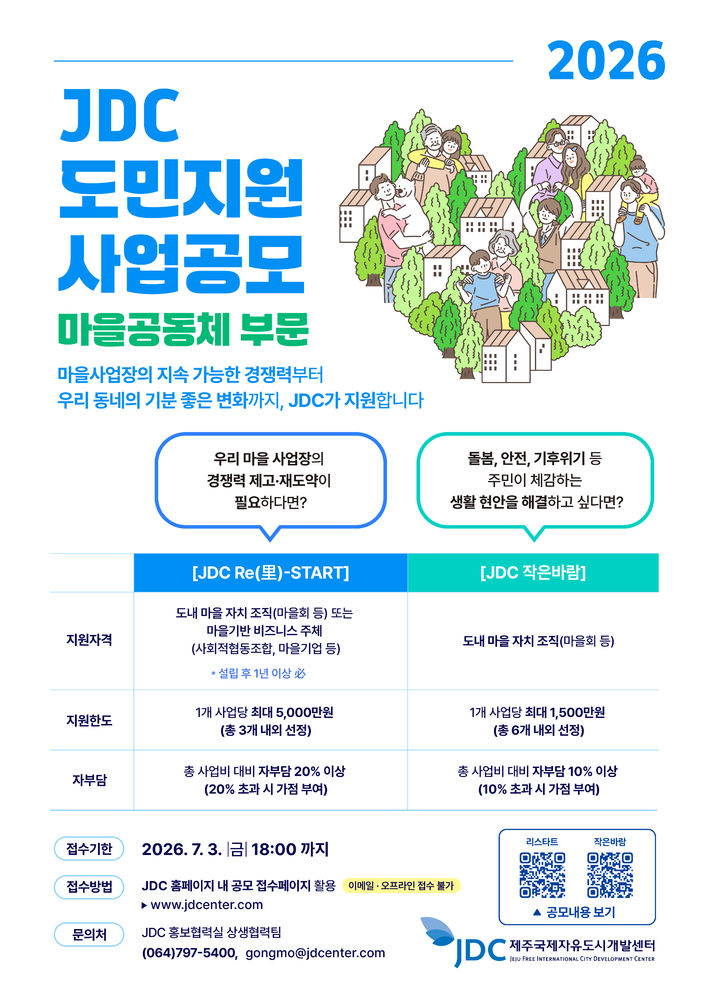 [제주=뉴시스] 2026년 JDC 도민지원사업 마을공동체 부문 모집 홍보 포스터. (사진=제주국제자유도시개발센터 제공) photo@newsis.com *재판매 및 DB 금지