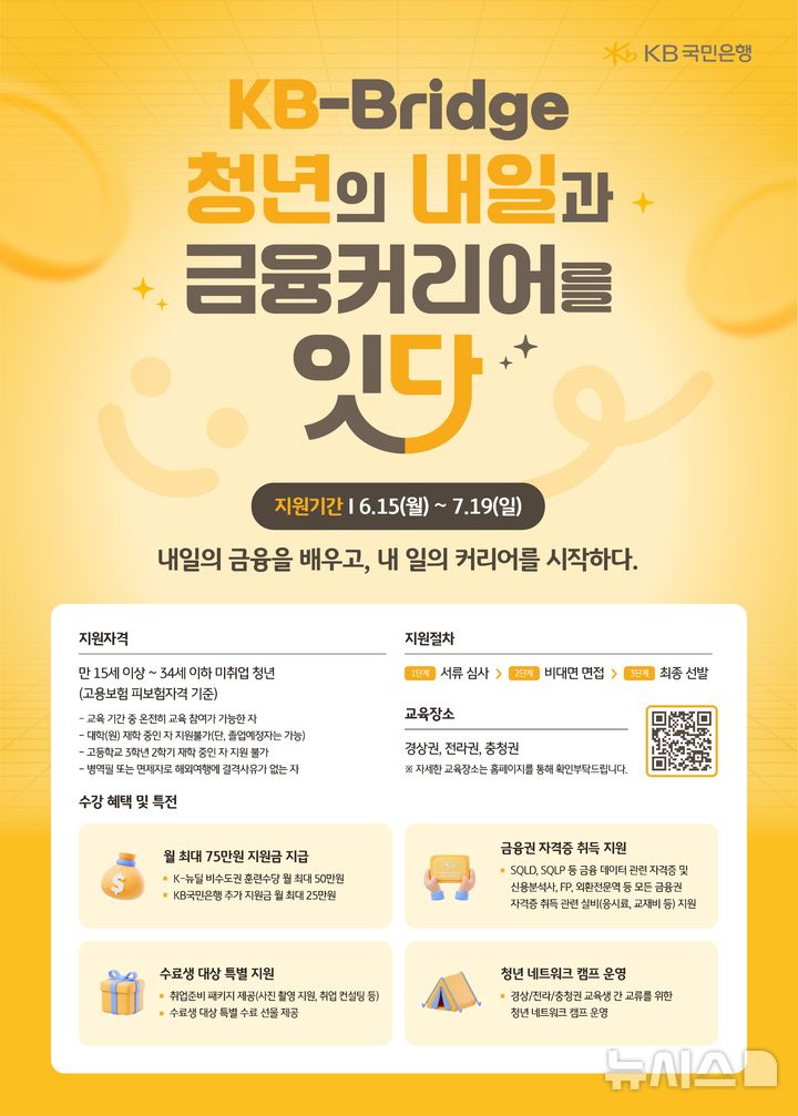[서울=뉴시스]KB국민은행은 비수도권 청년을 대상으로 한 금융권 취업 지원 프로그램인 'KB-브릿지(Bridge)' 교육생을 모집한다고 17일 밝혔다. (사진=KB국민은행 제공). 2026.06.17. photo@newsis.com 