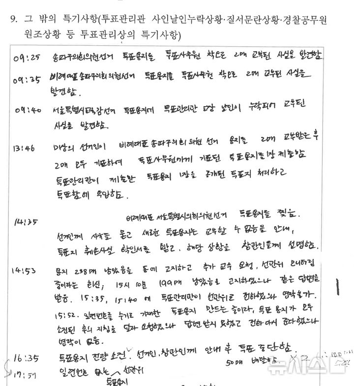 [서울=뉴시스] 전상우 기자 = 주진우 의원이 중앙선거관리위원회로부터 제출받은 서울 송파구 잠실2동 제6투표소 투표록 특기사항란(사진=주진우 의원실 제공) 2026.06.17. photo.newsis.com