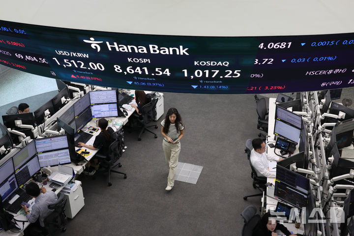 [서울=뉴시스] 고승민 기자 = 코스피가 전 거래일보다 1.20% 내린 8,622.13에 거래를 시작한 17일 서울 하나은행 본점 딜링룸에서 딜러들이 업무를 보고 있다.코스닥 지수는 전 거래일보다 0.12% 오른 1,019.88에 출발했다. 서울 외환시장에서 원·달러 환율은 전 거래일보다 0.8원 오른 1,512.4원에 개장했다. 2026.06.17. kkssmm99@newsis.com