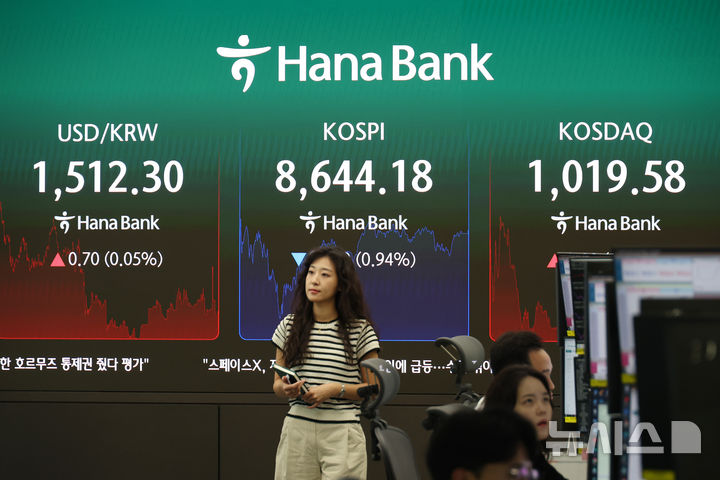[서울=뉴시스] 고승민 기자 = 코스피가 전 거래일보다 1.20% 내린 8,622.13에 거래를 시작한 17일 서울 하나은행 본점 딜링룸에서 딜러들이 업무를 보고 있다.코스닥 지수는 전 거래일보다 0.12% 오른 1,019.88에 출발했다. 서울 외환시장에서 원·달러 환율은 전 거래일보다 0.8원 오른 1,512.4원에 개장했다. 2026.06.17. kkssmm99@newsis.com