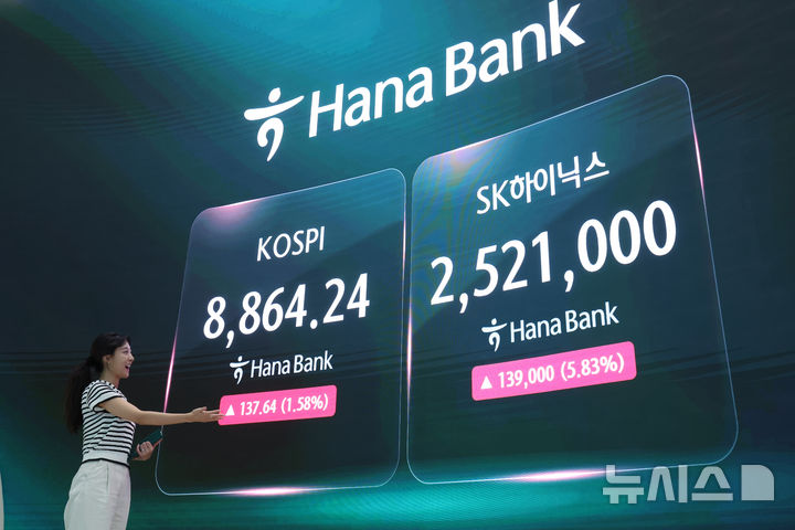 [서울=뉴시스] 황준선 기자 = 코스피가 전 거래일(8726.60)보다 137.64포인트(1.58%) 오른 8864.24에 마감한 17일 오후 서울 중구 하나은행 딜링룸에 지수가 표시돼 있다. SK하이닉스는 이날 5.84% 오른 252만 1천 원에 마감해 사상 최고가를 경신했다. 2026.06.17. hwang@newsis.com