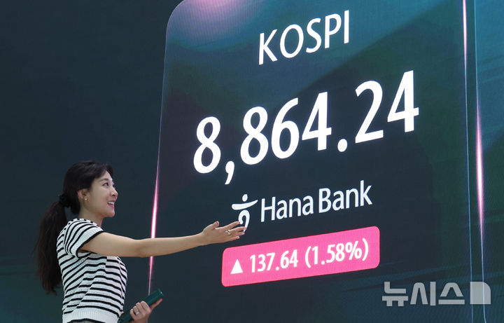 [서울=뉴시스] 황준선 기자 = 코스피가 전 거래일(8726.60)보다 137.64포인트(1.58%) 오른 8864.24에 마감한 17일 오후 서울 중구 하나은행 딜링룸에 지수가 표시돼 있다. 2026.06.17. hwang@newsis.com