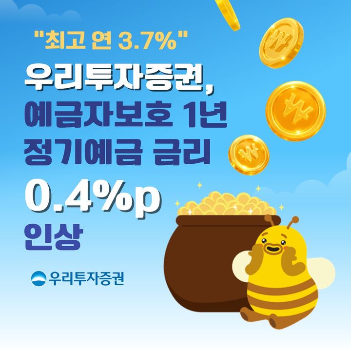 우리투자증권은 지난 15일부터 개인 투자자를 대상으로 1년 만기 정기예금 금리를 세전 기준 연 3.2%에서 3.6%로 0.4%포인트(p) 인상했다.(사진=우리투자증권 제공) *재판매 및 DB 금지