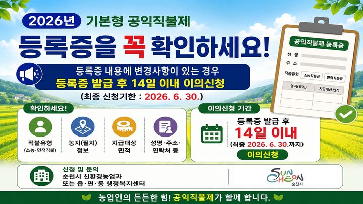 [순천소식] 기본형 공익직불제 등록증 1만5233명 발급 등