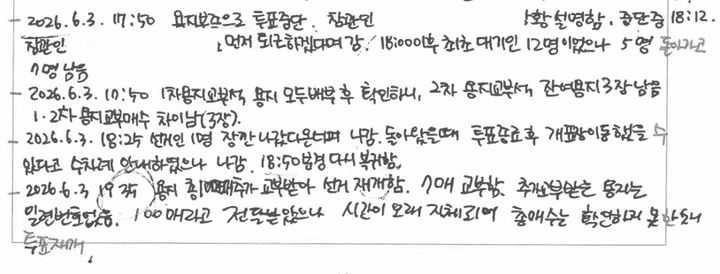 [사진=뉴시스] 주진우 국민의힘 의원이 중앙선거관리위원회로부터 제출받은 서울 송파구 잠실2동 제2투표소의 투표록 중 일부 갈무리. *재판매 및 DB 금지