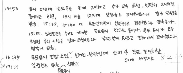 [사진=뉴시스] 주진우 국민의힘 의원이 중앙선거관리위원회로부터 제출받은 서울 송파구 잠실2동 제6투표소의 투표록 중 일부 갈무리. *재판매 및 DB 금지