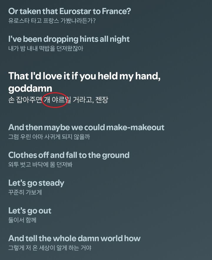 [서울=뉴시스]스포티파이가 제공한 올리비아 로드리고 '드롭 데드(drop dead)' 가사 일부에 한국 밈인 '개 야르'가 등장해 화제를 모으고 있다.(사진출처: 스포티파이 캡처)2026.06.18.