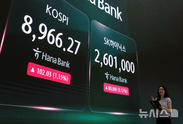 [서울=뉴시스] 이영환 기자 = 코스피가 전 거래일(8864.24)보다 20.68포인트(0.23%) 상승한 8884.92에 개장한 18일 오전 서울 중구 하나은행 딜링룸 전광판에 지수가 표시되고 있다.코스닥 지수는 전 거래일(1031.96)보다 2.15포인트(0.21%) 내린 1029.81, 서울 외환시장에서 원·달러 환율은 전 거래일 주간거래 종가(1513.4원)보다 11.6원 오른 1525.0원에 출발했다. 2026.06.18. 20hwan@newsis.com
