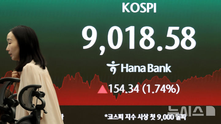 [서울=뉴시스] 박주성 기자 = 코스피가 사상 처음으로 9000선을 돌파했다. 지난달 8000포인트에 도달한 지 약 한달 만이다. 지수가 9000포인트를 넘어선 것은 이번이 처음이다. 사진은 18일 오후 서울 중구 하나은행 딜링룸에서 딜러들이 업무를 보고 있는 모습. 2026.06.18. park7691@newsis.com