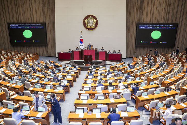 [서울=뉴시스] 정병혁 기자 = 18일 오후 서울 여의도 국회에서 열린 제436회국회(임시회) 제3차 본회의에서 제9회 전국동시지방선거 투표용지 부족사태 등 국민 참정권 침해 진상규명 및 선거관리 개혁을 위한 국정조사계획서 승인 안건이 통과되고 있다. 2026.06.18. jhope@newsis.com