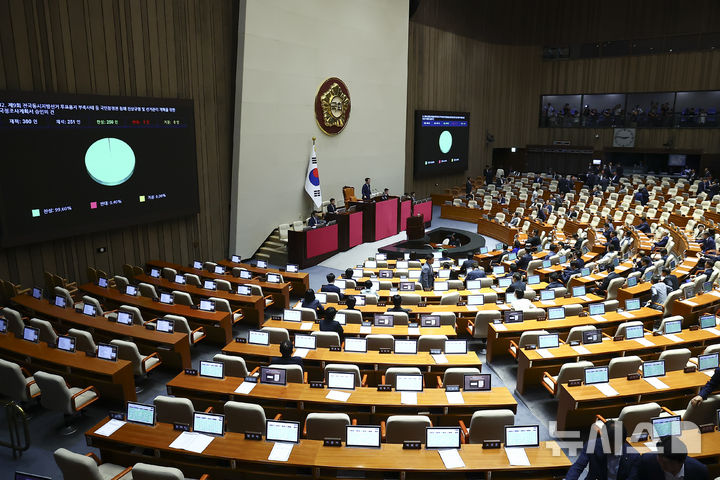 [서울=뉴시스] 김근수 기자 = 18일 오후 서울 여의도 국회에서 열린 제436회국회(임시회) 제3차 본회의에서 제9회 전국동시지방선거 투표용지 부족사태 등 국민 참정권 침해 진상규명 및 선거관리 개혁을 위한 국정조사계획서 승인 안건이 통과되고 있다. 2026.06.18. ks@newsis.com
