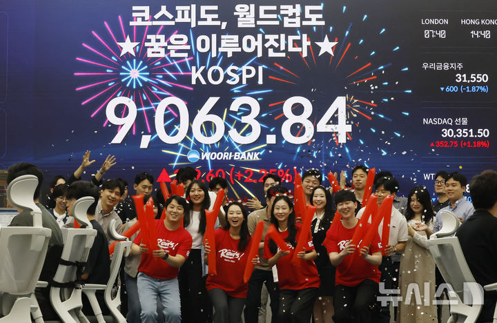 [서울=뉴시스] 김혜진 기자 = 코스피가 전 거래일(8864.24)보다 199.60포인트(2.25%) 오른 9063.84에 마감한 16일 오후 서울 중구 우리은행 딜링룸 전광판에 지수가 표시 되고 있다. 코스닥 지수는 전 거래일(1031.96)보다 31.03포인트(3.01%) 하락한 1000.93에 거래를 마쳤다. 원·달러 환율은 전 거래일(1513.4원)보다 13.7원 오른 1527.1원에 주간 거래를 마감했다. 2026.06.18. jini@newsis.com