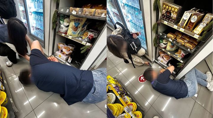 [서울=뉴시스] 인천국제공항 편의점 직원이 진열대 틈새에 떨어진 외국인 여행객의 이어폰을 찾기 위해 바닥에 엎드려 애쓰고 있다. (사진 출처=스레드 캡처)