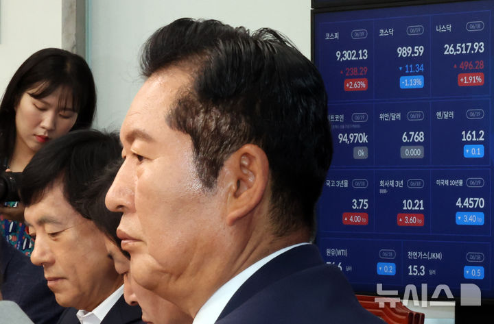 [서울=뉴시스] 최진석 기자 = 정청래 더불어민주당 대표가 19일 여의도 국회에서 열린 최고위원회의에서 발언하는 뒤로 코스피 시세가 보이고 있다. 2026.06.19. myjs@newsis.com