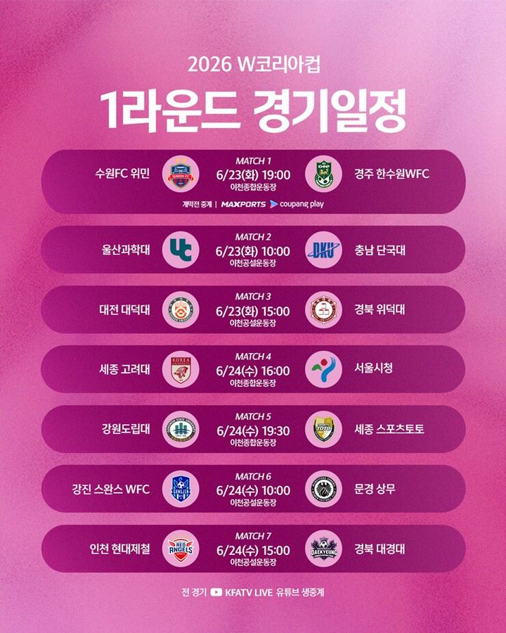 [서울=뉴시스] 2026 W코리아컵 1라운드 경기 일정 이미지. (사진=대한축구협회 제공) 2026.06.21. photo@newsis.com *재판매 및 DB 금지