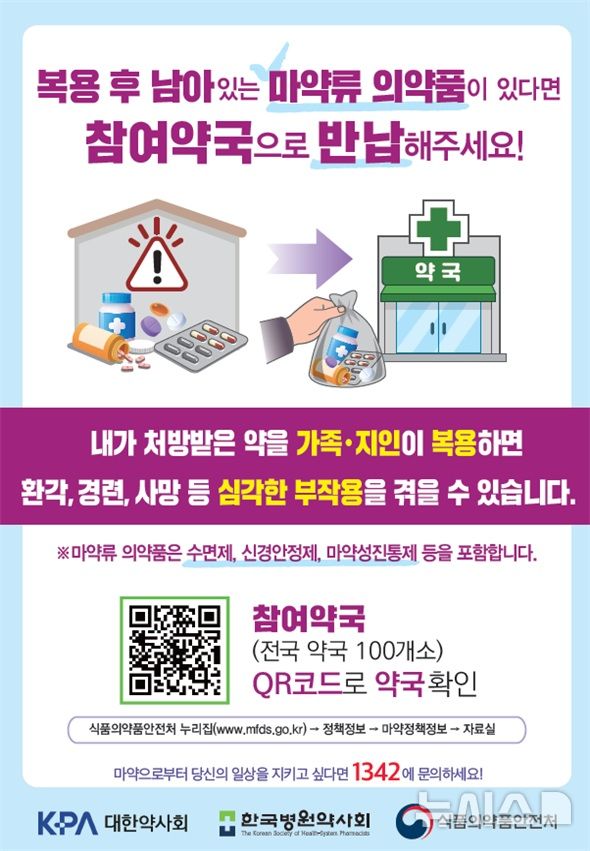 [서울=뉴시스] 식품의약품안전처는 제40회 세계 마약 퇴치의 날을 맞아 '마약류 안심수거 주간'을 22일부터 오는 26일까지 '가정 내 마약류 의약품 수거·폐기 사업' 참여 약국 및 참여 약국 소관 10개 지방정부, 6개 지방식품의약품안전청에서 실시한다고 이날 밝혔다. (사진=식품의약품안전처 제공) 2026.06.22. photo@newsis.com