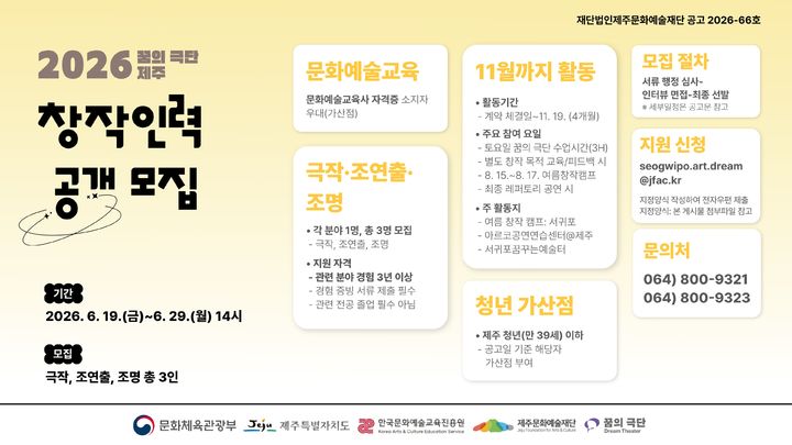 [제주=뉴시스] 제주문화예술재단 꿈의 극단 제주 창작인력 3명 공개 모집 포스터. (사진=제주문화예술재단 제공) 2026.06.22. photo@newsis.com *재판매 및 DB 금지