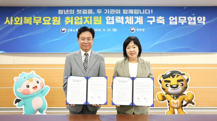 [서울=뉴시스] 홍소영 병무청장(오른쪽)과 김영훈 고용노동부장관(왼쪽)이 22일 정부대전청사에서 사회복무요원 취업지원을 위한 업무협약 체결 후 기념촬영을 하고 있다. (사진=병무청 제공) 2026.06.22. photo@newsis.com *재판매 및 DB 금지