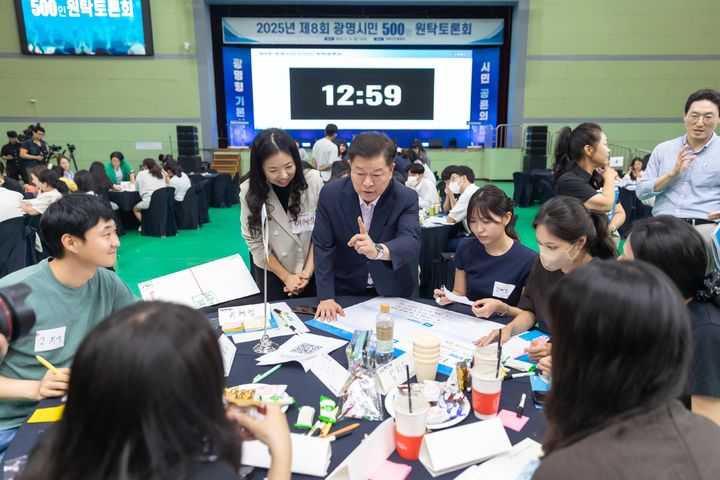 [광명=뉴시스] 박승원 광명시장이 2025년 9월 광명시민체육관에서 열린 '제8회 광명시민 500인 원탁토론회'에 참가한 시민들과 기본사회 정책에 대해 논의하고 있다. (사진=광명시 제공) 2026.06.23. photo@newsis.com *재판매 및 DB 금지