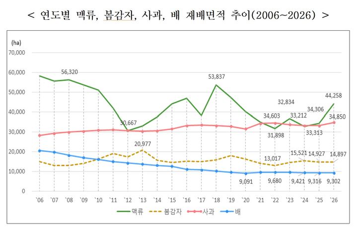 [세종=뉴시스] 올해 맥류 재배면적이 1년 전보다 30% 가까이 증가한 것으로 나타났다. 사과도 전년보다 재배면적이 늘어난 반면 배와 봄감자는 감소세를 이어갔다. (자료 = 국가데이터처 제공) 2026.06.23. *재판매 및 DB 금지