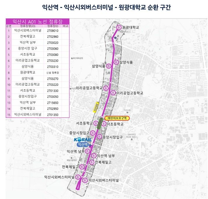 [익산=뉴시스] 최정규 기자 = 익산역 일원 자율주행버스 시범운행지구 노선도(사진=전북도 제공). cjk9714@newsis.com *재판매 및 DB 금지