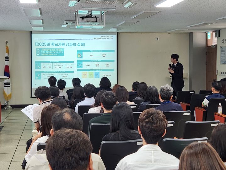 충남교육청 소속 교직원들이 23일 충북교육연구정보원에서 교원 행정 업무 경감 사업에 대한 설명을 듣고 있다. *재판매 및 DB 금지