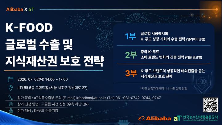 [나주=뉴시스] 한국농수산식품유통공사(aT)는 알리바바그룹과 함께 내달 2일 오후 2시 서울 양재동 aT센터 그랜드홀에서 'K-푸드 글로벌 수출·지식재산권 보호 전략 세미나'를 공동 개최한다. (사진=aT 제공) 2026.06.24. photo@newsis.com&nbsp; *재판매 및 DB 금지