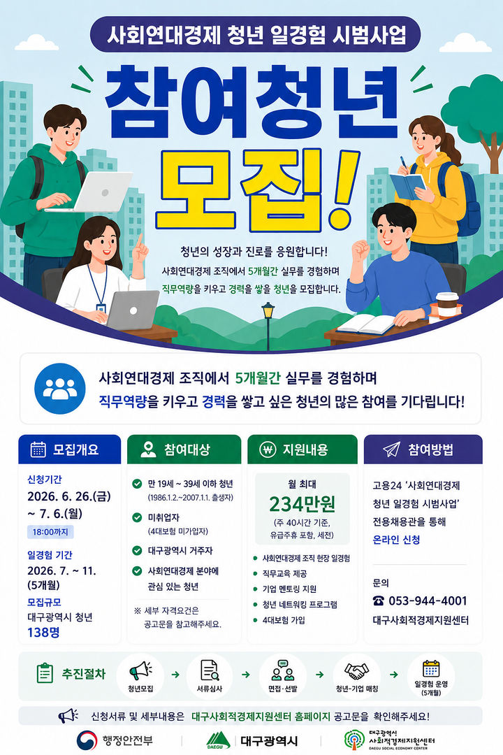 [대구=뉴시스] 대구시 '사회연대경제 청년 일경험 지원 시범사업' 홍보포스터. (사진=대구시 제공) 2026.06.24. photo@newsis.com *재판매 및 DB 금지