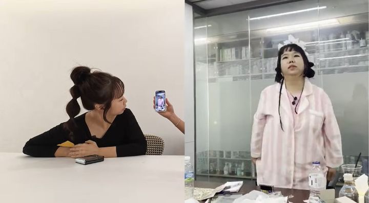 [서울=뉴시스] 방송인 홍현희는 현재의 모습과 과거의 모습을 비교하며 변화를 실감하는 순간을 공유했다. (사진 출처=유튜브 채널 '홍현희 제이쓴의 홍쓴TV' 캡처)