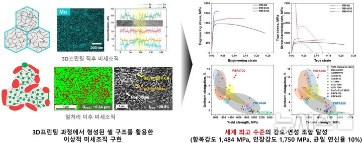 [포항=뉴시스] = 포스텍 친환경소재대학원·신소재공학과 김형섭 교수 연구팀이 3D 프린팅 기술을 이용해 애초의 3D 프린팅 기술로 만든 초고강도 철계 합금보다 강도·연성이 뛰어난 철계 합금을 만드는 데 성공했다. 사진은 셀 구조를 활용해 세계 최고 수준의 강도·연성을 달성한 3D 프린팅 철계 합금 개발 모식도. (사진=포스텍 제공) 2026.06.24. photo@newsis.com