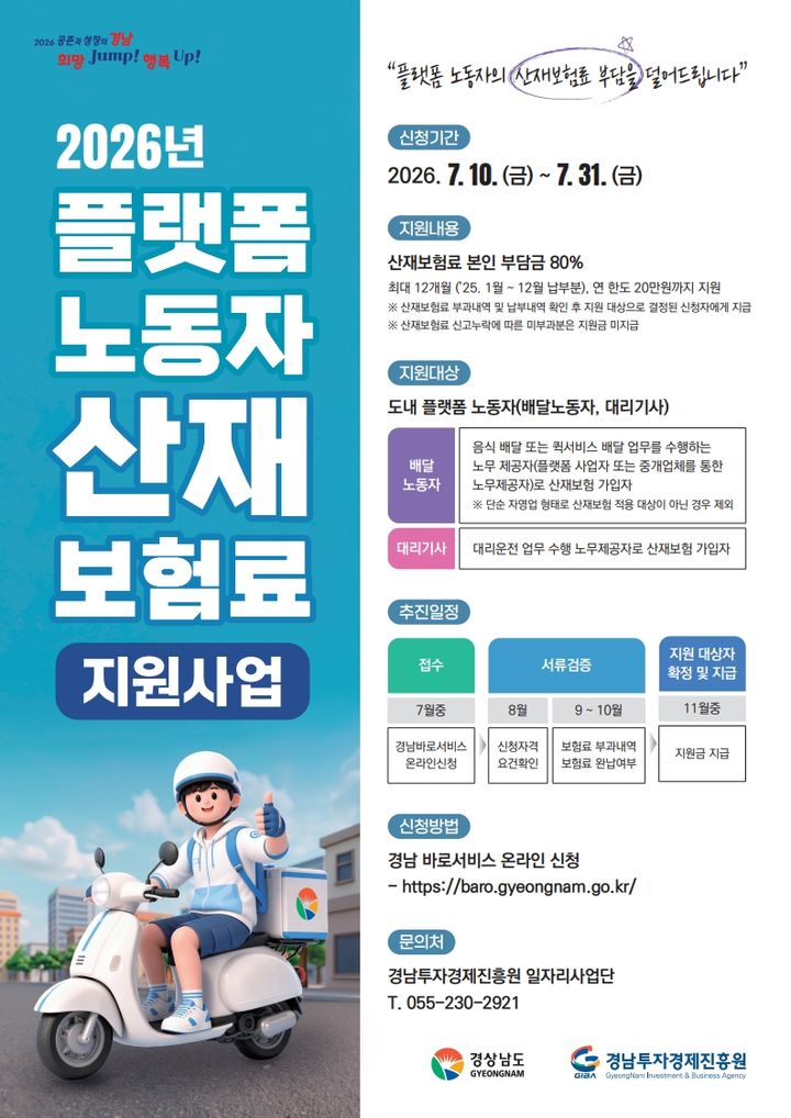 경남도, 플랫폼노동자 산재보험료 지원…연 최대 20만원