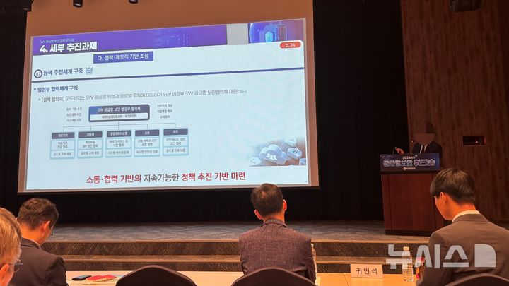 [서울=뉴시스] 윤정민 기자 = 국가정보원 관계자가 24일 서울 서초구 aT센터에서 한국정보보호학회 주관으로 열린 '공급망보안 워크숍'에서 'SW 공급망 보안 로드맵'을 발표하고 있다. 2026.06.24. alpaca@newsis.com