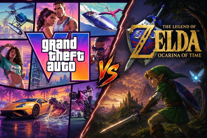 [서울=뉴시스] 출시를 앞둔 락스타게임즈의 '그랜드 테프트 오토 6(GTA 6)와 닌텐도의 '젤다의 전설: 시간의 오카리나' 리메이크판. (사진=챗GPT) *재판매 및 DB 금지