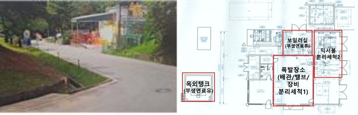 [서울=뉴시스] 지난 1일 한화에어로스페이스 대전사업장에서 발생한 폭발사고 당시 폐쇄회로(CC)TV 장면과 사고 발생 장소 평면도. 2026.06.24. (사진=박정현 더불어민주당 의원실 제공) *재판매 및 DB 금지