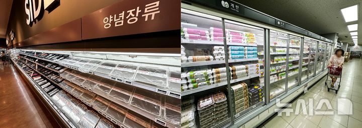 [서울=뉴시스] 홍효식 기자 = 24일 기업회생 절차를 밟고 있는 홈플러스 서울 시내 한 매장 신선 코너에 주방용품이 진열돼 있다. (왼쪽) 반면, NS홈쇼핑에 인수된 홈플러스 익스프레스 서울 시내 한 매장 신선 코너에서 시민이 장을 보고 있다. (오른쪽) 2026.06.24. yesphoto@newsis.com
