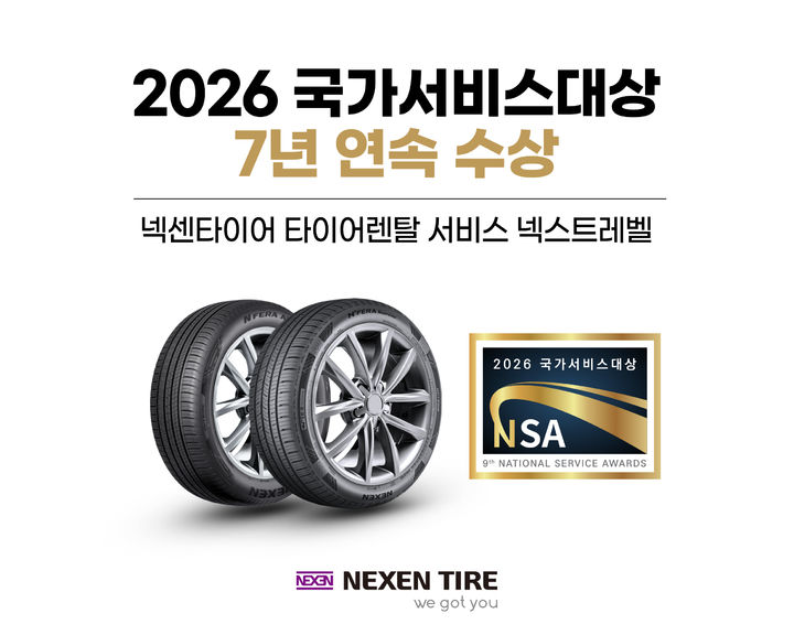 [부산=뉴시스] 넥센타이어가 타이어 렌탈 서비스 '넥스트레벨(NEXT LEVEL)'의 경쟁력을 인정받아 ‘2026 국가서비스대상’ 타이어 종합서비스 부문에서 7년 연속 대상을 수상했다. (사진=넥센타이어 제공) 2026.06.25. photo@newsis.com *재판매 및 DB 금지