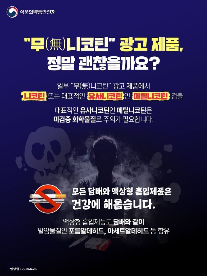 [서울=뉴사스] 정부는 온라인 등을 통해 무니코틴을 표방하여 판매되고 있는 액상형 흡입제품을 대상으로 니코틴 함유 여부 등을 검사한 결과 일부 제품에서 니코틴뿐만 아니라 미검증된 화학물질인 유사니코틴(6-메틸니코틴)이 함유된 것으로 나타났다고 25일 밝혔다 (사진=식약처 제공) 2026.06.25. photo@newsis.com *재판매 및 DB 금지