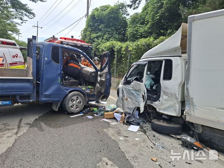 [진도=뉴시스] 25일 오후 1시57분께 전남 진도군 군내면 용장리 한 도로에서 주행 중이던 1t 트럭 간 충돌 사고가 나 운전자 2명이 크고 작은 부상을 입었다. (사진 = 진도소방 제공) 2026.06.25. photo@newsis.com *재판매 및 DB 금지