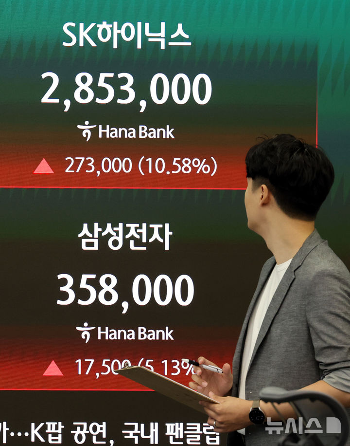 [서울=뉴시스] 박영태 기자 = 25일 오전 서울 중구 하나은행 딜링룸 전광판에 삼성전자와 SK하이닉스의 체결 가격이 표시되고 있다. 코스피는 전 거래일(8471.02)보다 232.40포인트(2.74%) 상승한 8703.42에 개장했고 코스닥 지수는 전 거래일(909.31)보다 14.35포인트(1.58%) 오른 923.66에 거래를 시작했다.2026.06.25. since1999@newsis.com