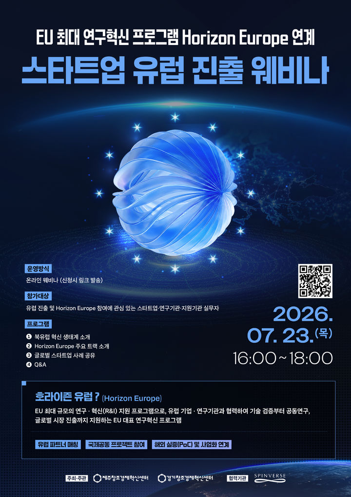 [제주=뉴시스] '호라이즌 유럽' 연계 스타트업 유럽 진출 웨비나 참가자 모집 홍보 포스터. (사진=제주창조경제혁신센터 제공) photo@newsis.com *재판매 및 DB 금지